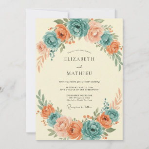 Cyan Coral Ranunculus Eucalyptus Wedding Invitation