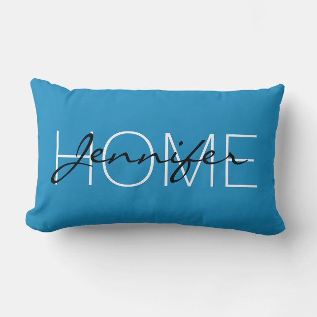 Cyan cornflower blue colour home monogram lumbar pillow (Front)