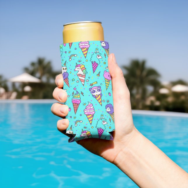 Cyan cute ice-cream can unicorn pattern seltzer can cooler (In Situ Pool)