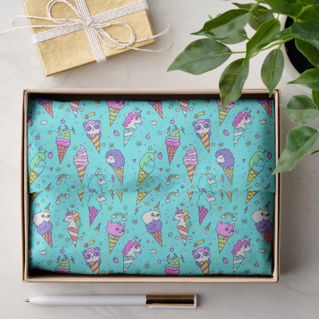 Cyan cute ice-cream can unicorn pattern tissue paper (Gift)