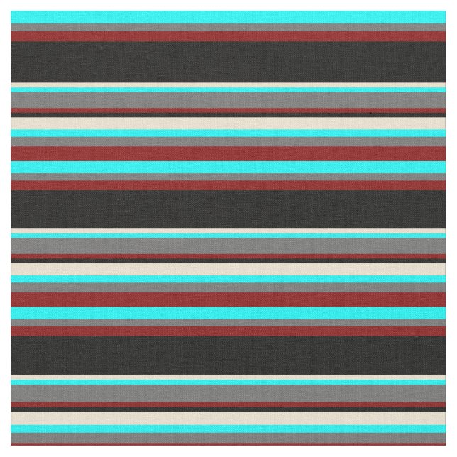Cyan, Dim Grey, Maroon, Black & Beige Pattern Fabric (Close Up)