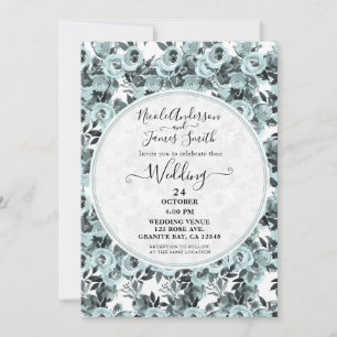 Cyan Dusty Blue Roses Vintage Floral Rose Wedding Invitation