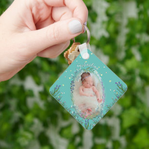 Cyan Floral Custom Neutral Baby Name Keepsake Keychain