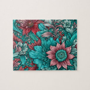 Cyan  flowers Surreal Blossoms in red and blue Jigsaw Puzzle