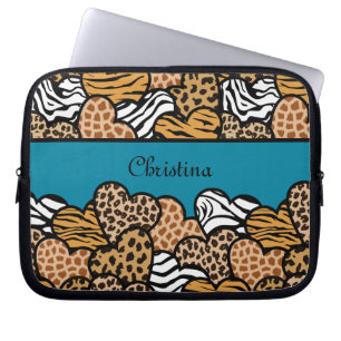Cyan Girly animal print hearts with a name Laptop Sleeve