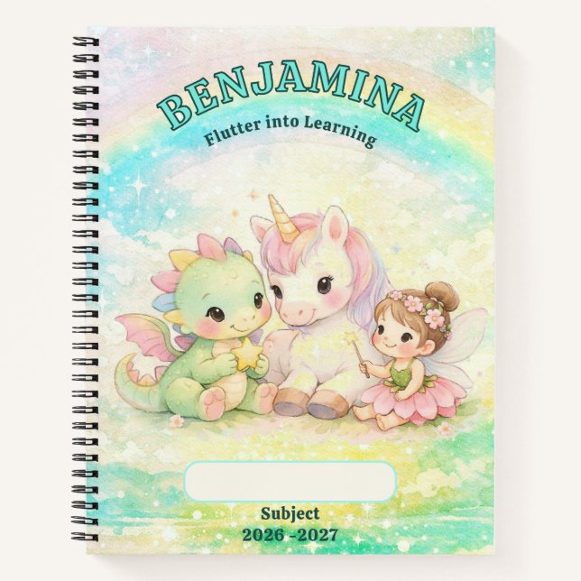 Cyan Gold Unicorn Fairy Dragon Rainbow School Notebook (Front)