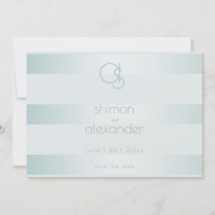 Cyan Green Shimmery Stripes Monogram Save The Date