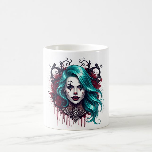 Cyan Haired Clown Queen - Spooky Chic Design Coffee Mug (Center)