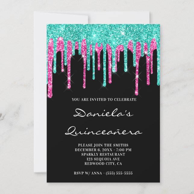 Cyan Hot Pink Glitter Drips Black Quinceañera Invitation (Front)