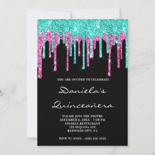 Cyan Hot Pink Glitter Drips Black Quinceañera Invitation