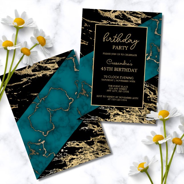 Cyan Marble Shiny Gold Foil Paint Texture Birthday Invitation (Creator Uploaded)