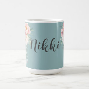 Cyan Mint Green Watercolor Floral Custom Coffee Mu Mug