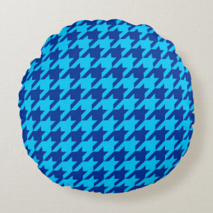 Cyan Navy Blue Houndstooth Plaid Round Pillow
