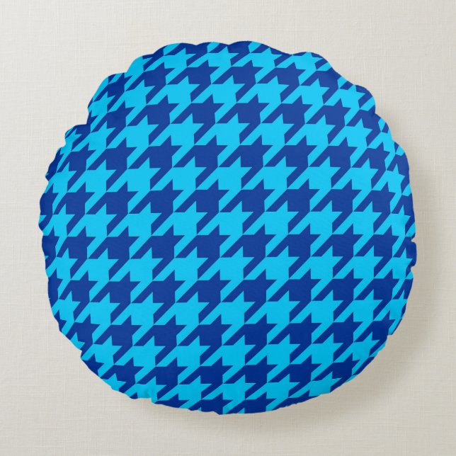 Cyan Navy Blue Houndstooth Plaid  Round Pillow (Front)