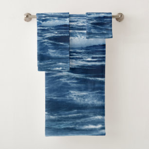 Cyan Navy Blue Night Sea Ocean  Bath Towel Set