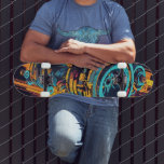 Cyan Orange Cyberpunk Industrial Turbine Grunge Skateboard<br><div class="desc">Hit the streets with unmatched velocity and aggressive style using this spectacular cyberpunk skateboard deck. The artwork features a highly dynamic, diagonal composition of a grunge mechanical turbine, seemingly tearing through the dark background at light speed. The intense, high-contrast cyan and electric orange colors, combined with comic-book style cell shading...</div>