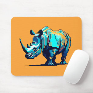 Cyan Orange Pixel Art Rhino Retro Gamer Mouse Pad