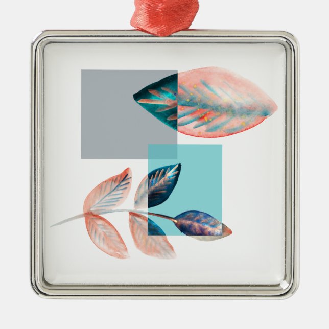 Cyan Red Leaf Metal Ornament (Front)