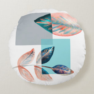 Cyan Red Leaf Round Pillow