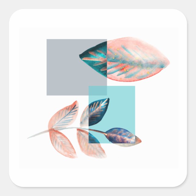 Cyan Red Leaf Square Sticker (Front)