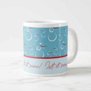 Cyan Red Let It Snow Cute Snowman Family Pattern Large Coffee Mug