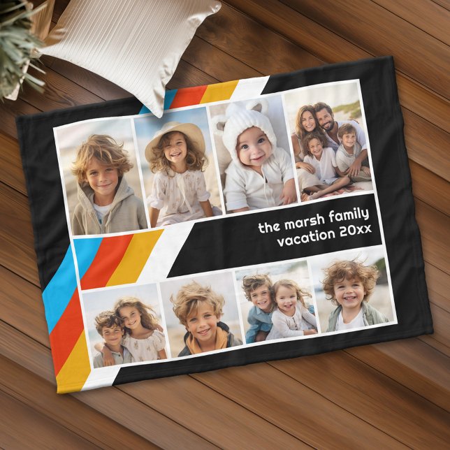 Cyan Retro Stripe - 8 Photo Collage Fleece Blanket (Personalized fleece blanket with 8 photos and custom text)