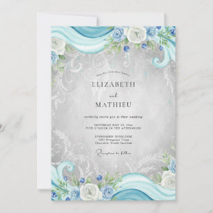 Cyan Silver Filigree Eucalyptus Wedding Invitation