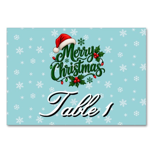 Cyan Snowflake Pattern Personalized Holiday Table Number (Front)