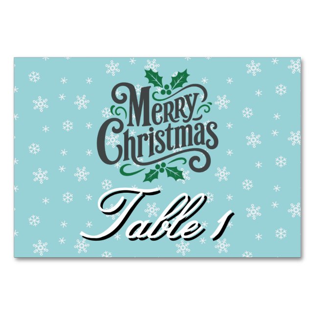 Cyan Snowflake Pattern Personalized Holiday Table Number (Front)