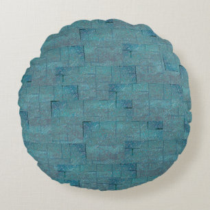 Cyan to grey texture shaped mosaic cutouts round pillow