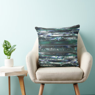 Cyan torn stripes of smeared and grainy textures throw pillow