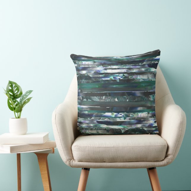 Cyan torn stripes of smeared and grainy textures throw pillow (Chair)