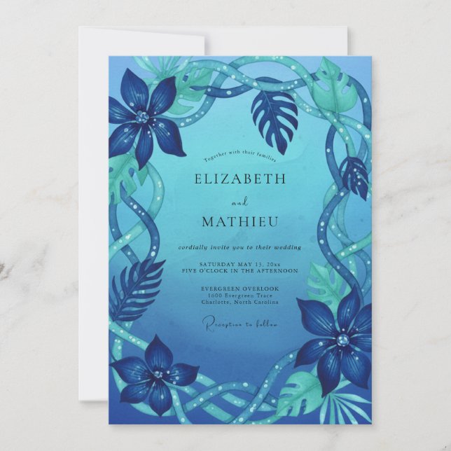 Cyan Tropical Monstera Eucalyptus Wedding Invitation (Front)