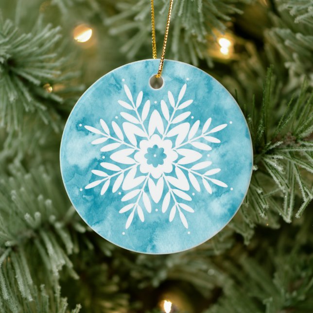 Cyan Watercolor Snowflake  Ceramic Ornament (Tree)
