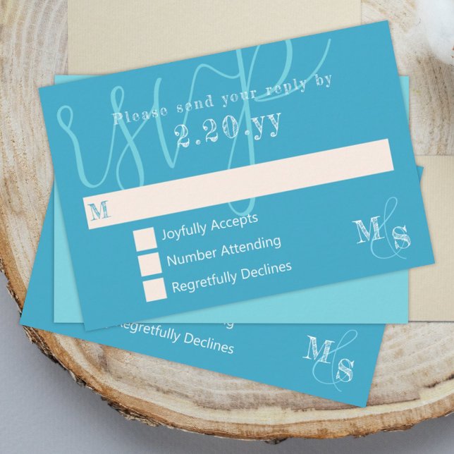 Cyan White Calligraphie Mariage carte RSVP (turquoise cyan aqua aquamarine rsvp card elegant calligraphy script wedding return reply card)