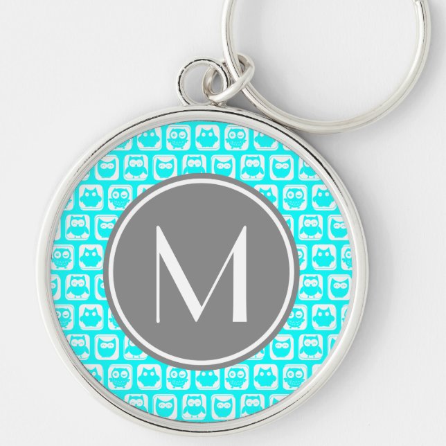 Cyan & White Owl Pattern Grey Round Keychain (Front)