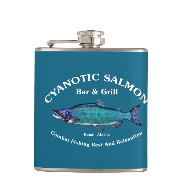 Cyanotic Salmon Bar & Grill Hip Flask (Front)