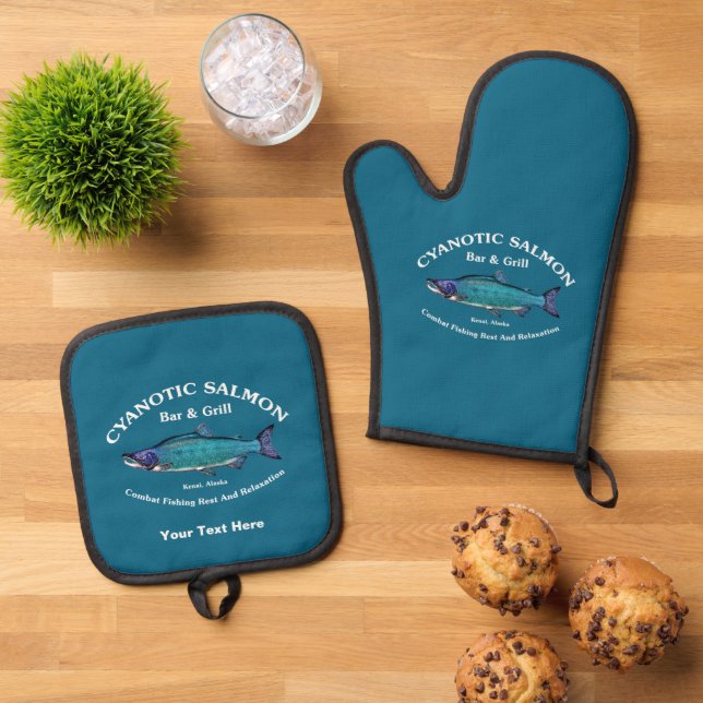Cyanotic Salmon Bar & Grill Oven Mitt & Pot Holder Set (Top Down)