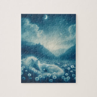 Cyanotype Sleeping Unicorn Dandelion Dreams Jigsaw Puzzle