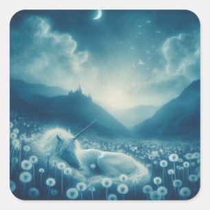 Cyanotype Sleeping Unicorn Dandelion Dreams Square Sticker