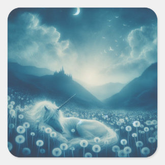 Cyanotype Sleeping Unicorn Dandelion Dreams Square Sticker