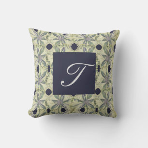 Cyanus Flower Hand-drawn w Navy Monogram Throw Pillow