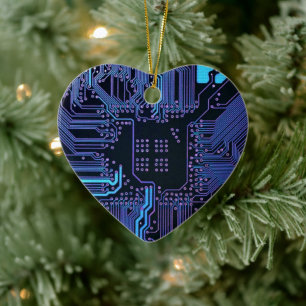 Cyber Blue PCB Circuit Board Trace Pattern Art Ceramic Ornament