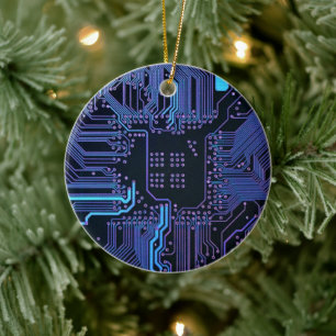 Cyber Blue PCB Circuit Board Trace Pattern Art Ceramic Ornament