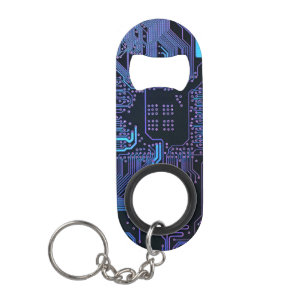 Cyber Blue PCB Circuit Board Trace Pattern Art Keychain Bottle Opener