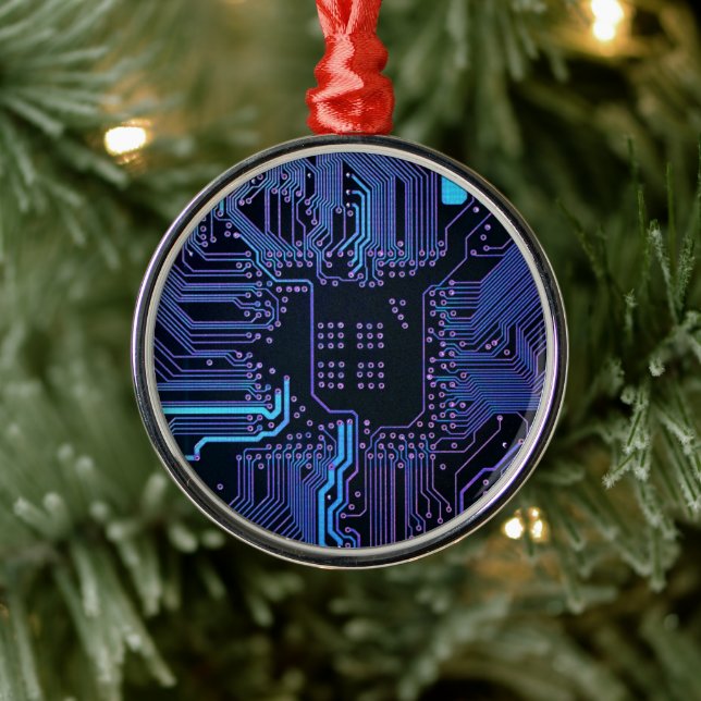 Cyber Blue PCB Circuit Board Trace Pattern Art Metal Ornament (Tree)