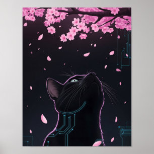 Cyber Cat Blossom Gaze Noir Futuristic Feline Poster