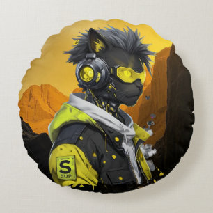 Cyber Cat   Futuristic Neon Hacker Cat Cyberpunk  Round Pillow
