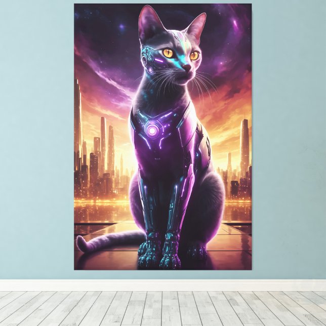 Cyber Cat Poster – Futuristic Sci-Fi Feline Wall  Canvas Print (Insitu(Wood Floor))
