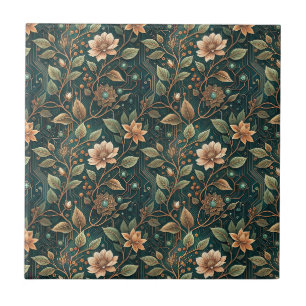 Cyber Floral Tech Circuit Botanical Flowers Design Tile